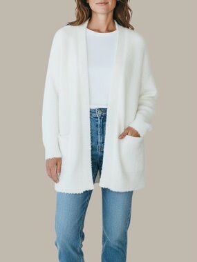 Barefoot Dreams Barefoot CozyChic Knit Rib Trim Cardigan Pearl White Sz Large